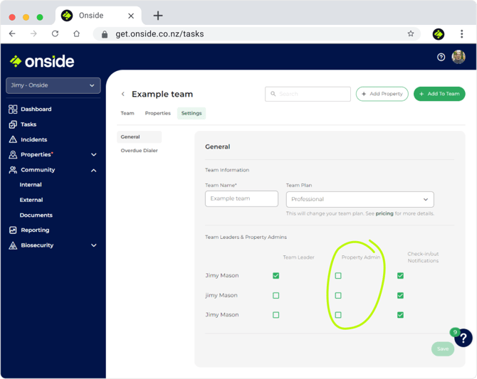 Property teams settings