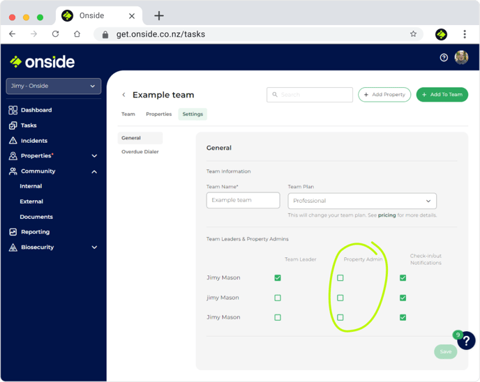 Property teams settings